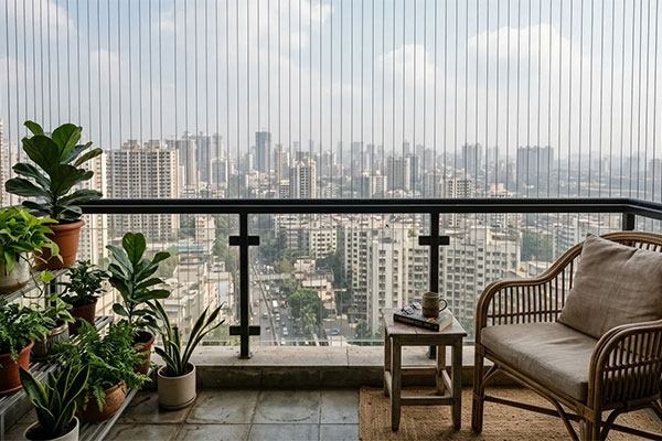 Balcony with clear open view protected by invisible grill